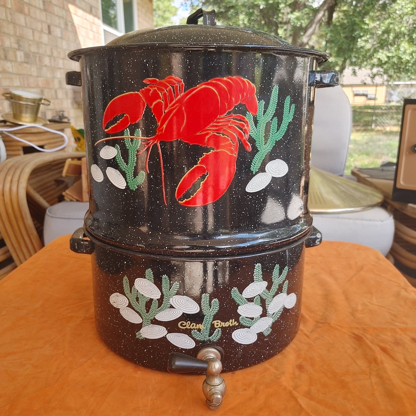 Stupendous Steamer! Enameled Double Boiler Vintage Graphics Lobster Free Ship!