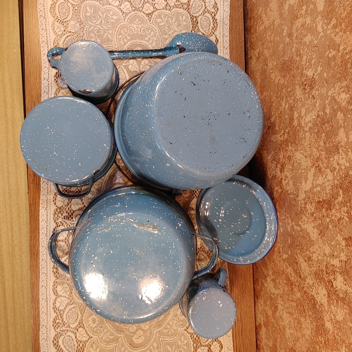 Camp Cookin'! 7 Piece Vintage Speckled Enamel Blue Cookware Pots Free Shipping!