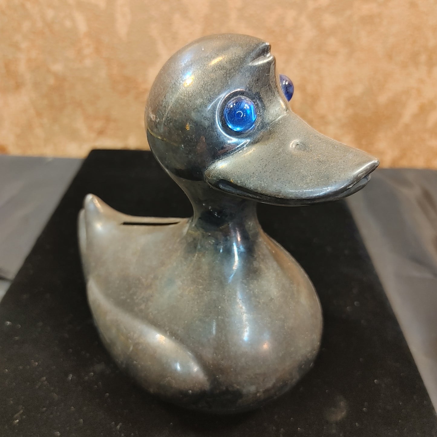 Dashing Duck! Vintage Silver Plated Duck Bank Blue Jewel Eyes Denmark Free Ship!