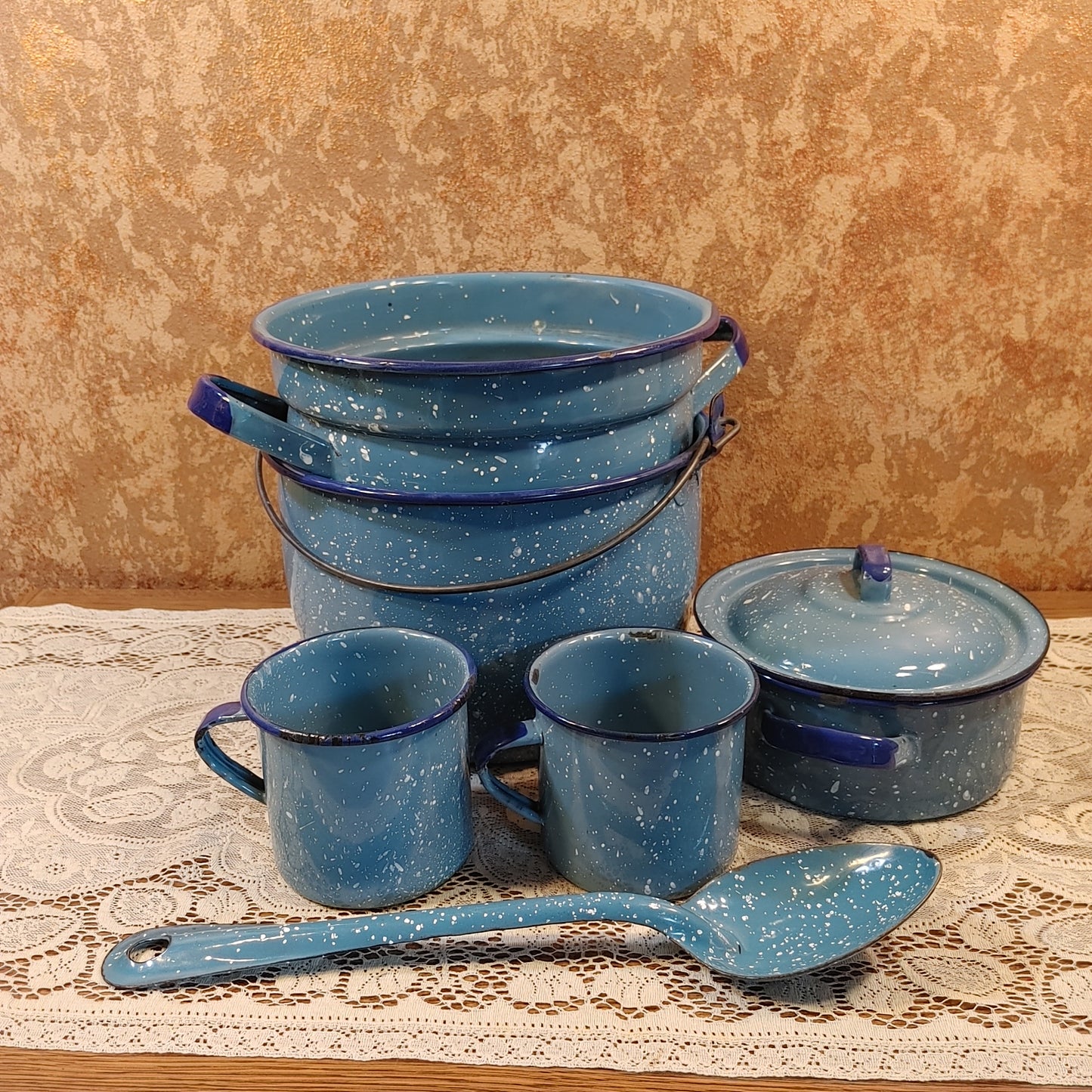 Camp Cookin'! 7 Piece Vintage Speckled Enamel Blue Cookware Pots Free Shipping!