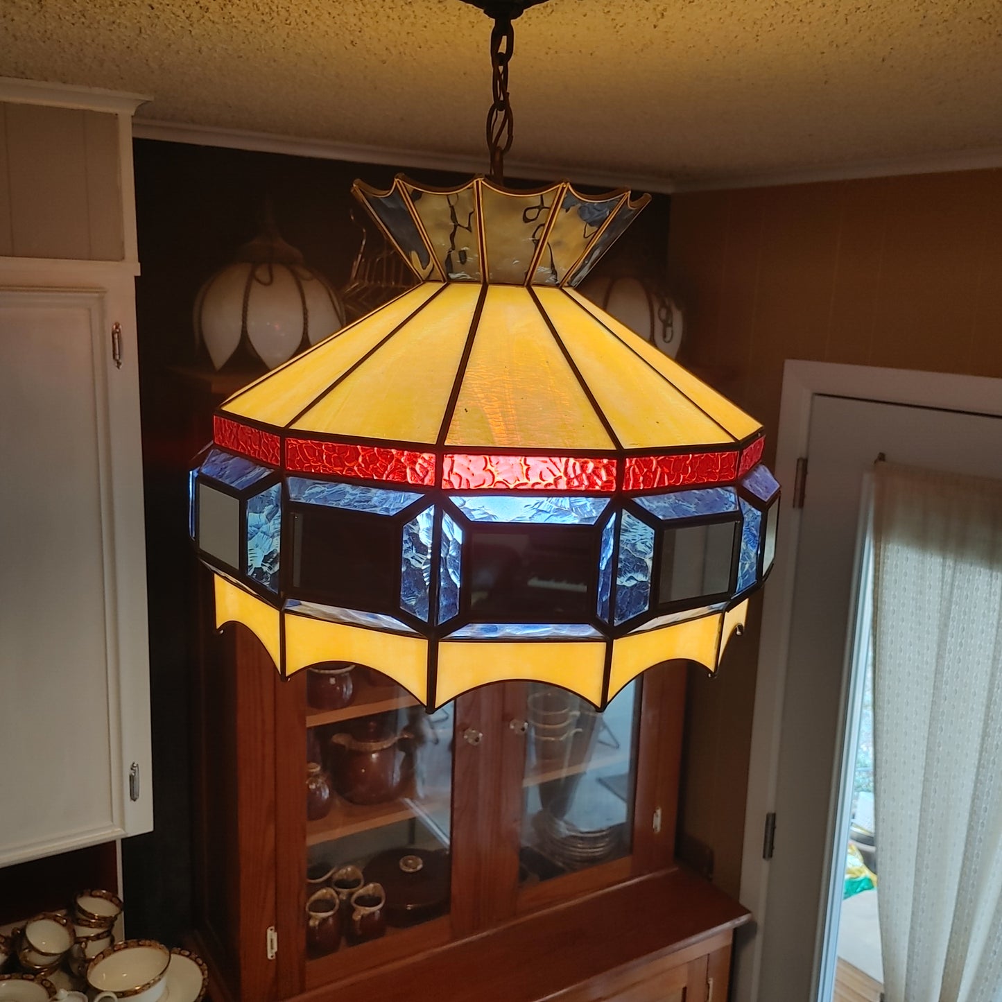Great Glass! Vintage Lamp Stained Leaded Mirror Hanging Light Free Shipping!