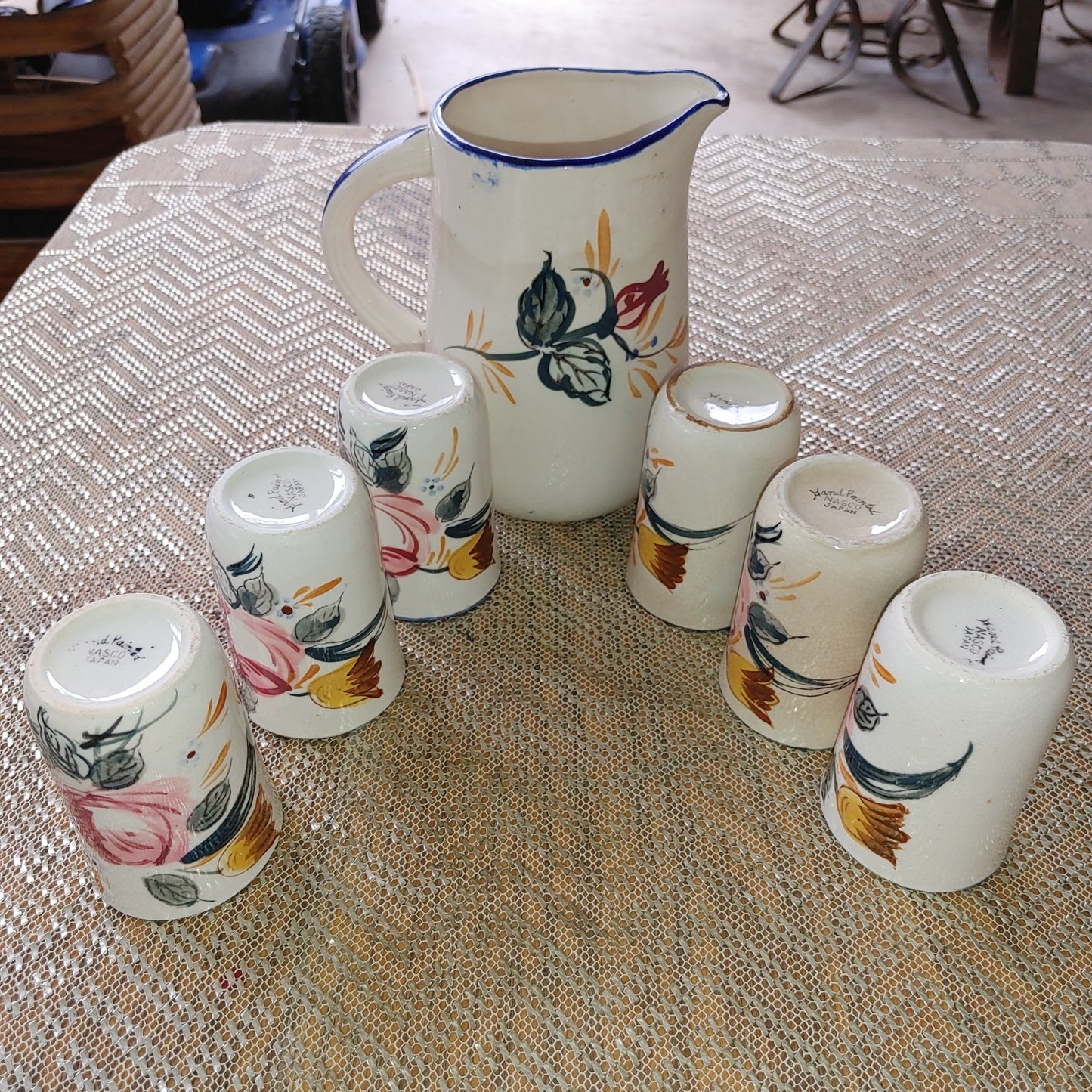 Vintage Handpainted Nasco Ceramic Pitcher & Tumblers Vibrant Floral Japan