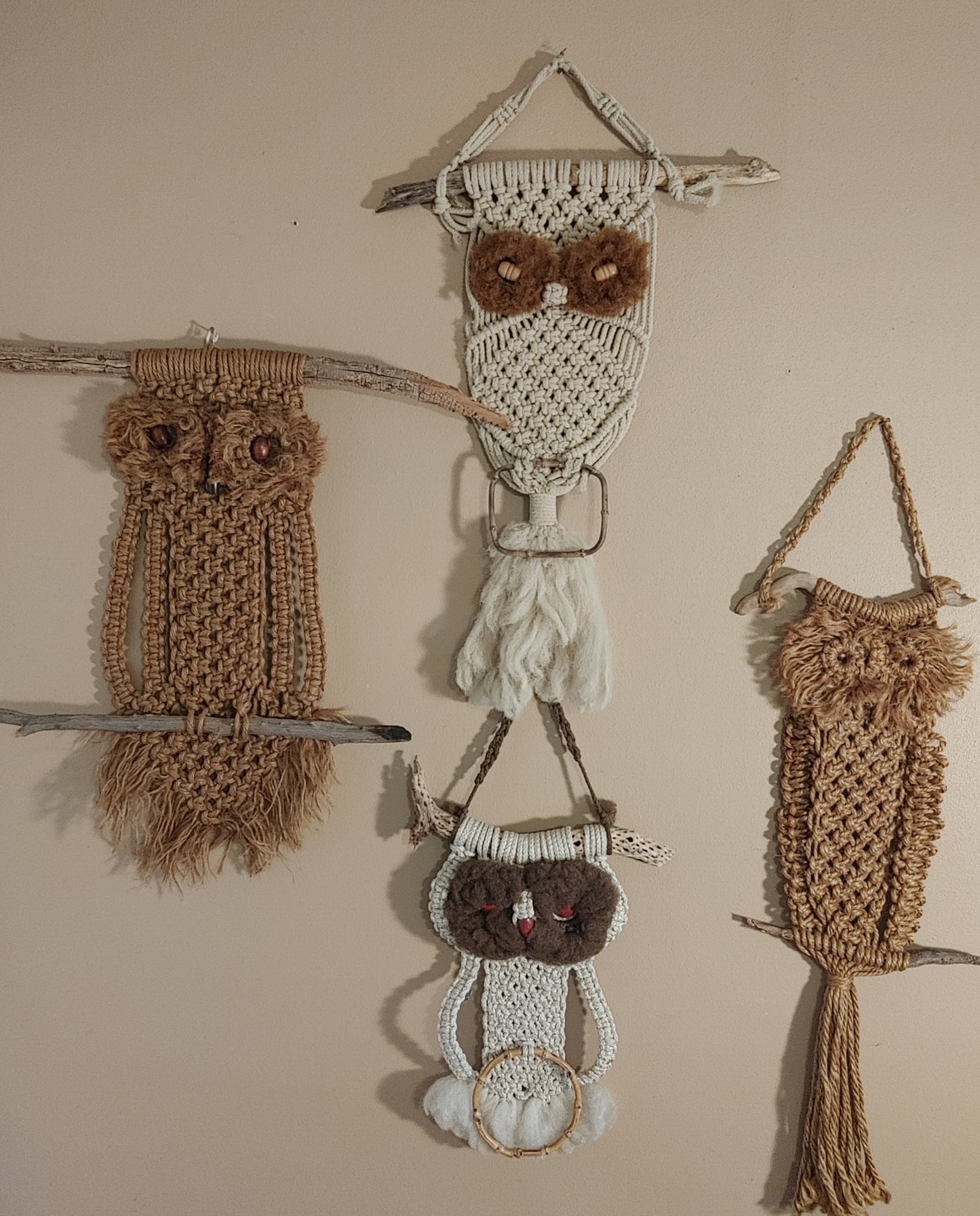 Give A Hoot 4! Vintage Macrame Owl Mid Century Wall Decor Boho Craft Free Ship!