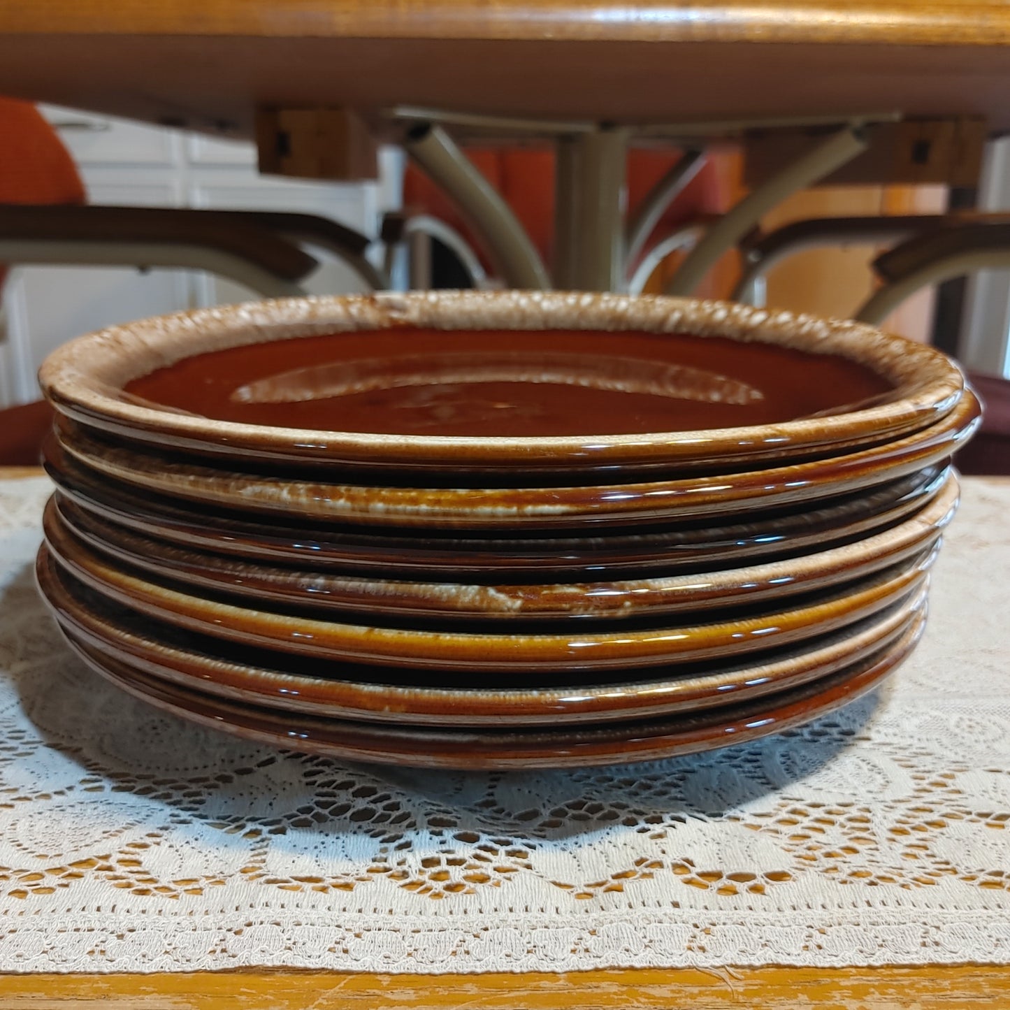 Brown Drip USA! Seven (7) Dinner Plates 10 inch Vintage Mid Century Free Ship!