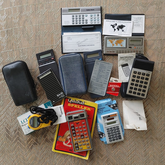 Calculators Lot Vintage 6 Calcs Quiz Kid TI-1025 Cases Manuals Stopwatch Free Shipping