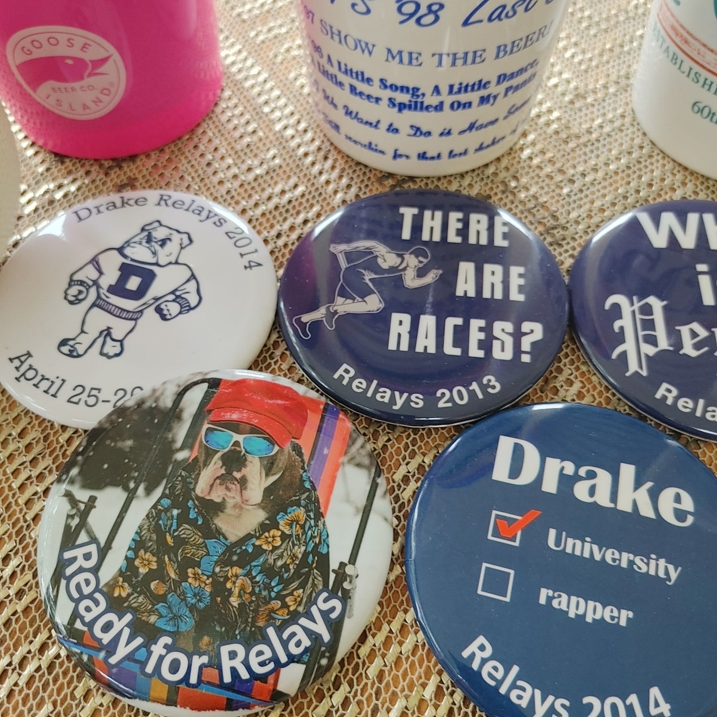 Drake Relays Peggy's Cups Vintage 32 Years 39 Cups Buttons Balls Bulldogs