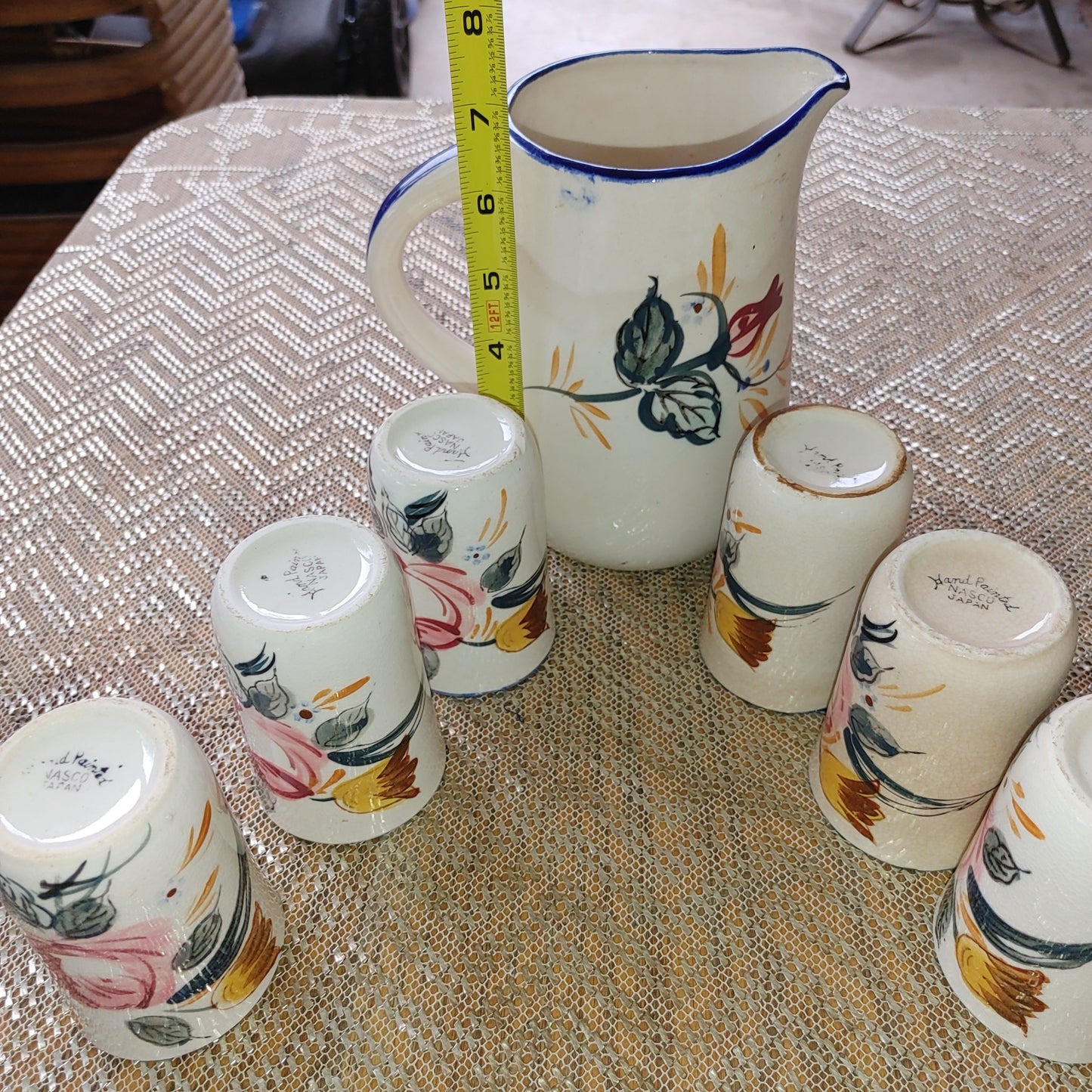 Vintage Handpainted Nasco Ceramic Pitcher & Tumblers Vibrant Floral Japan