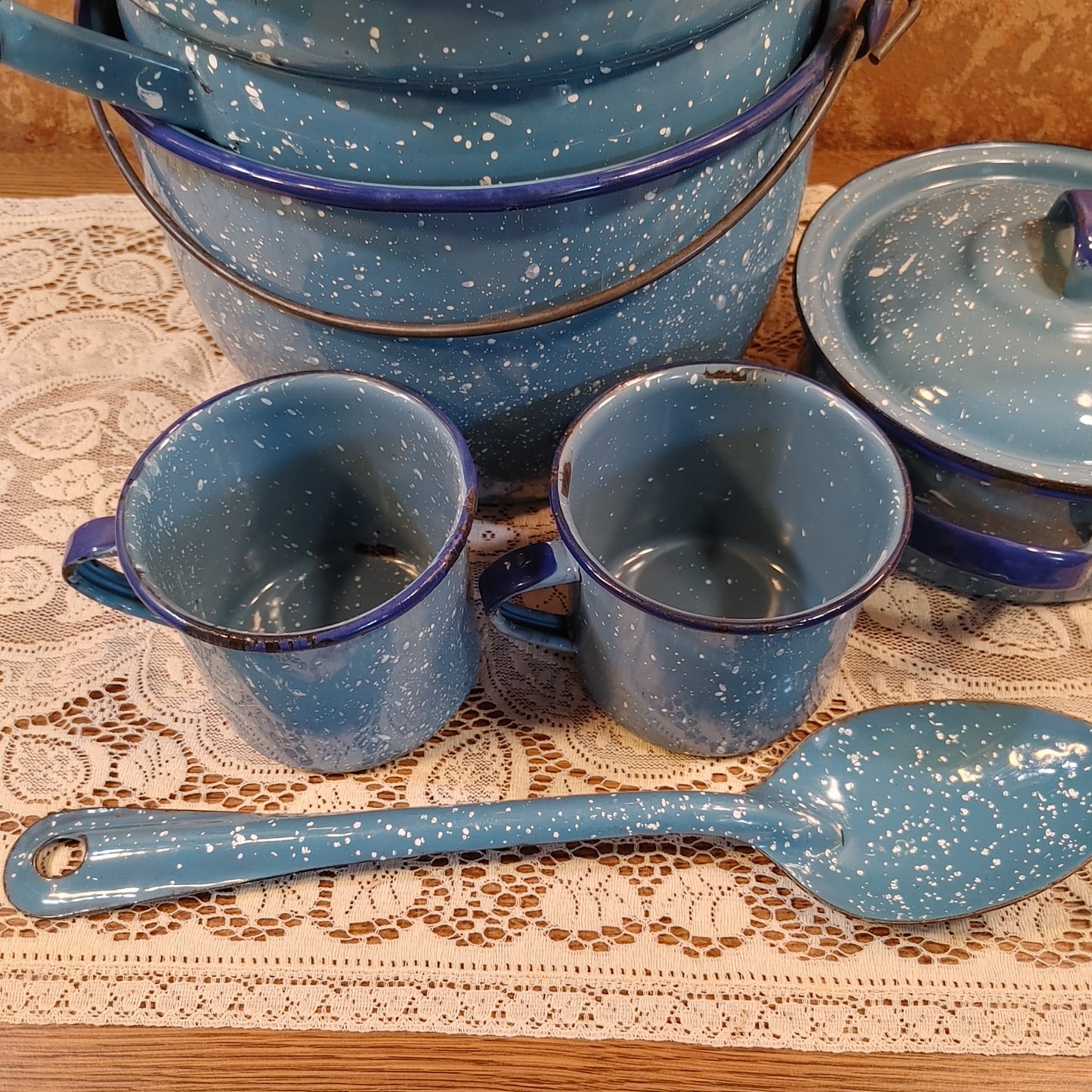 Camp Cookin'! 7 Piece Vintage Speckled Enamel Blue Cookware Pots Free Shipping!