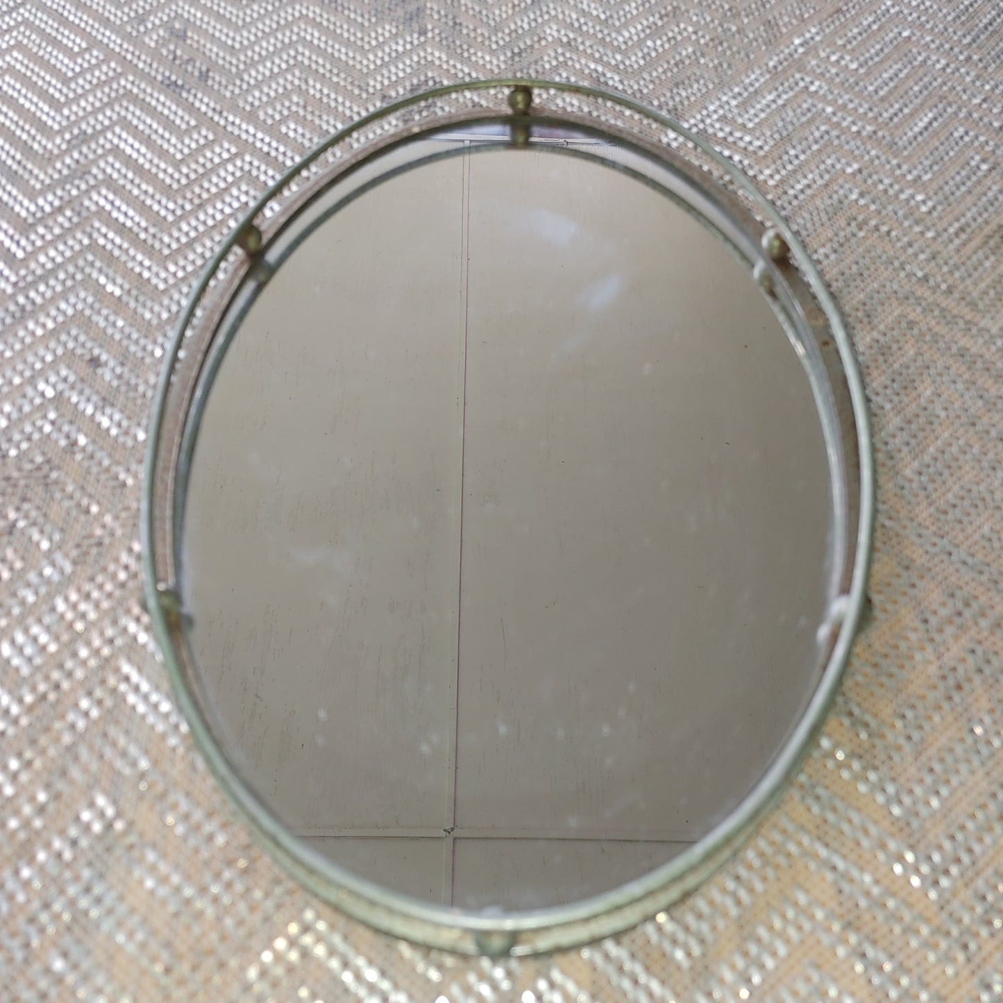 Vanity Tray Vintage Metal MCM Mirror Detail Oval Cosmetics Bathroom Ornate