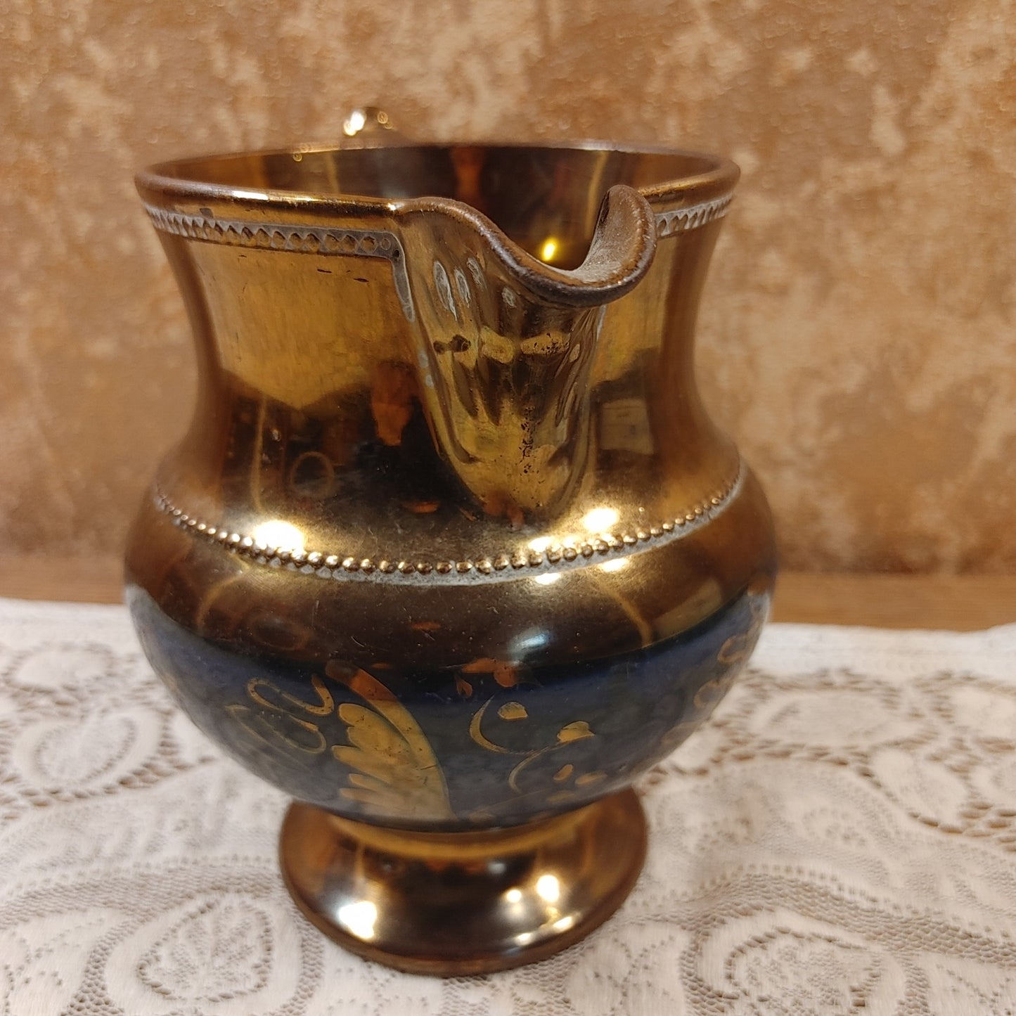 Pretty pitcher! Antique Lustreware Luster Ware Blue Gold Ornate Free Shipping!