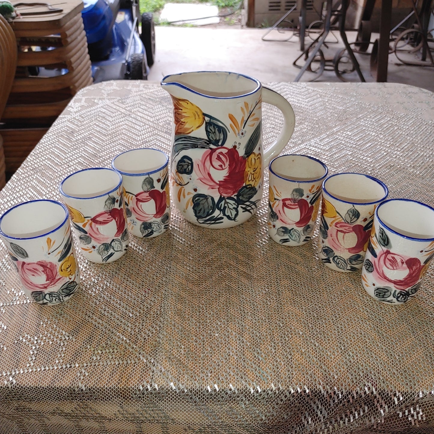 Vintage Handpainted Nasco Ceramic Pitcher & Tumblers Vibrant Floral Japan