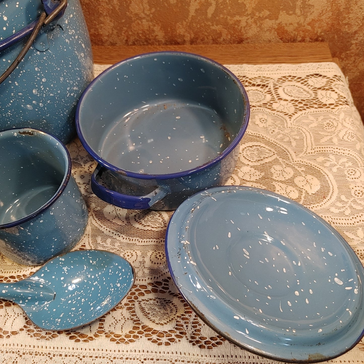 Camp Cookin'! 7 Piece Vintage Speckled Enamel Blue Cookware Pots Free Shipping!