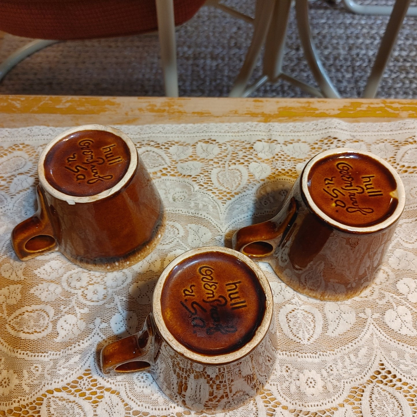 Coffee for 3! Hull Oven Proof Mid Century Brown Drip Coffee Mugs Free Shipping!