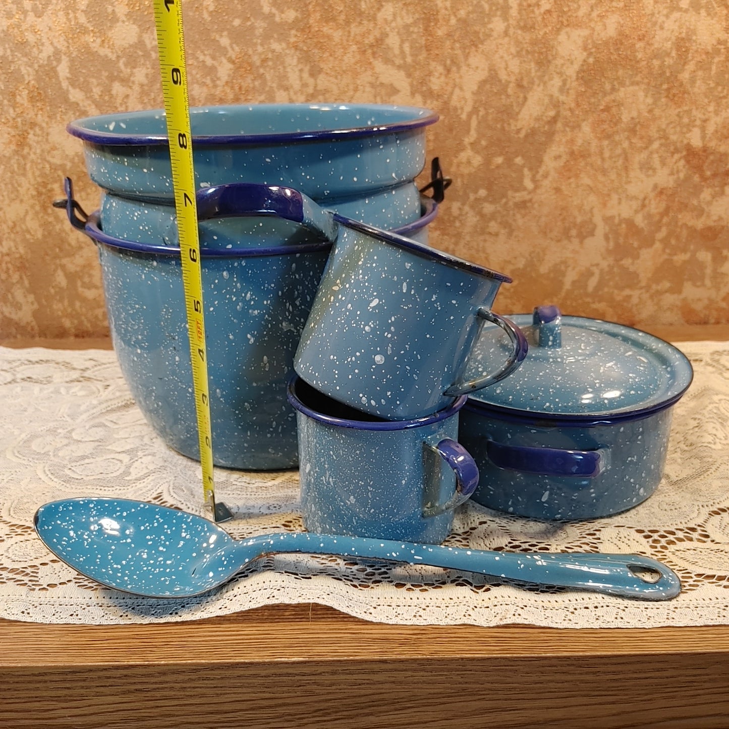 Camp Cookin'! 7 Piece Vintage Speckled Enamel Blue Cookware Pots Free Shipping!