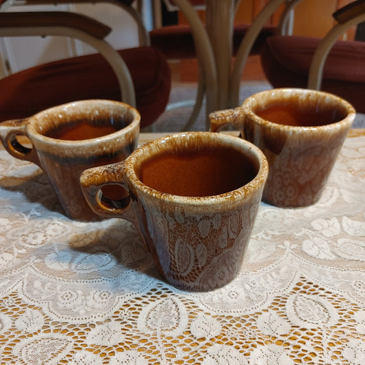 Coffee for 3! Hull Oven Proof Mid Century Brown Drip Coffee Mugs Free Shipping!