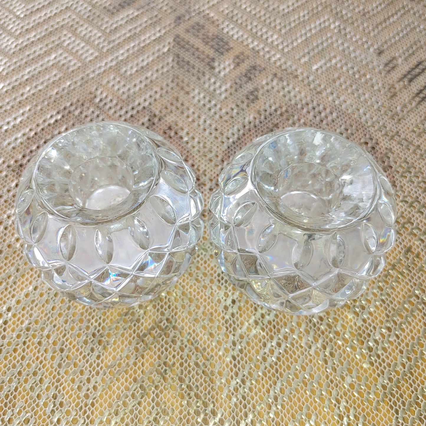 Lead Crystal Illusions Candlestick Holders Pair Ball Round 24% Taper Votive