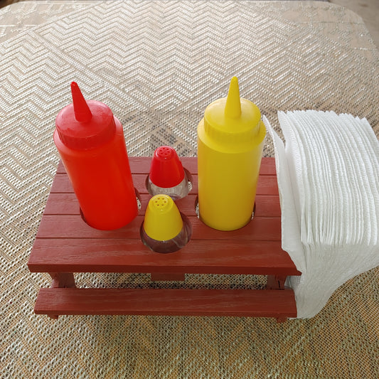 Kemco Picnic Table Ketchup Mustard Caddy Salt Pepper Napkins Vintage Made USA