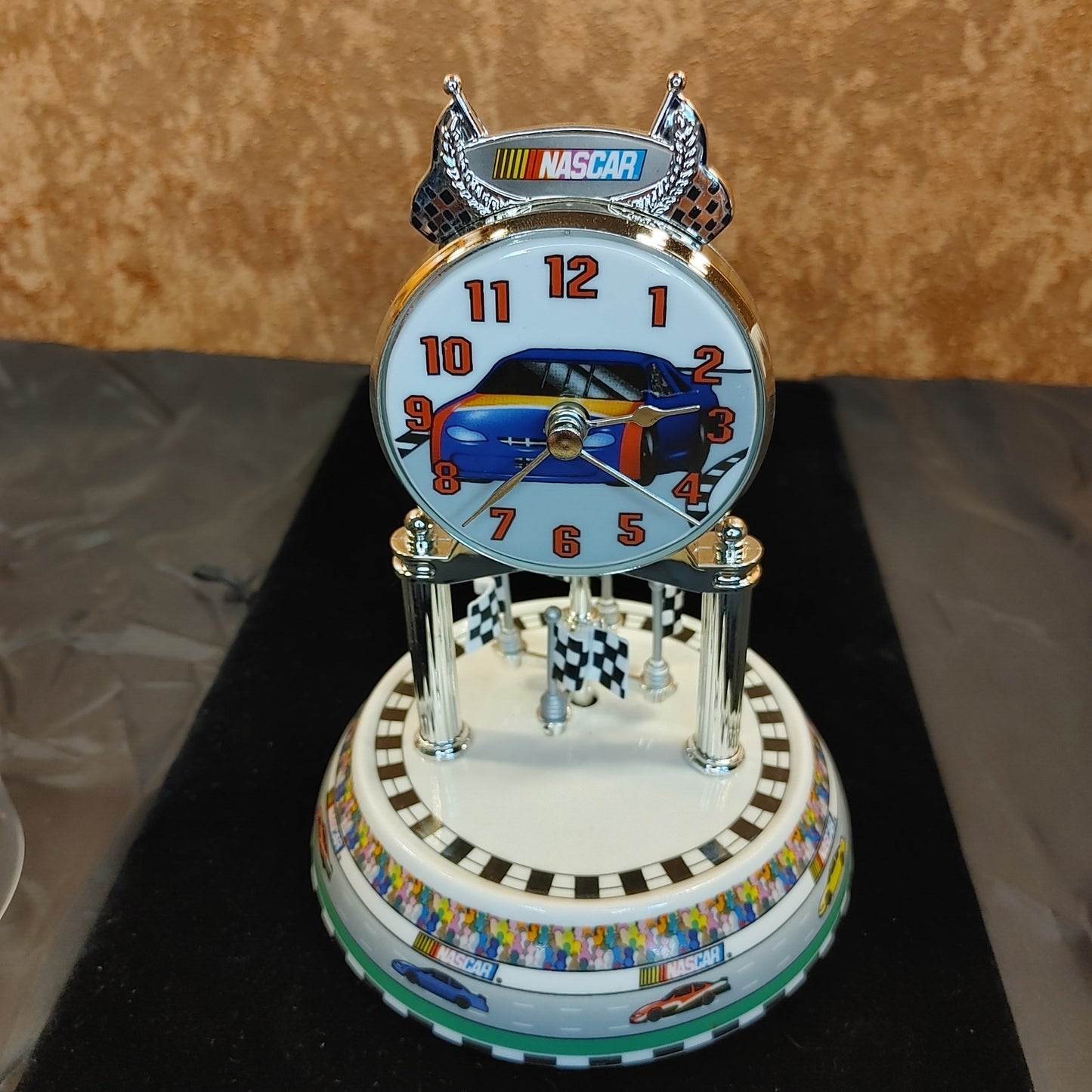 Nascar Clock! Porcelain Clock Twirling Flags Racing Anniversary Works Free Ship!