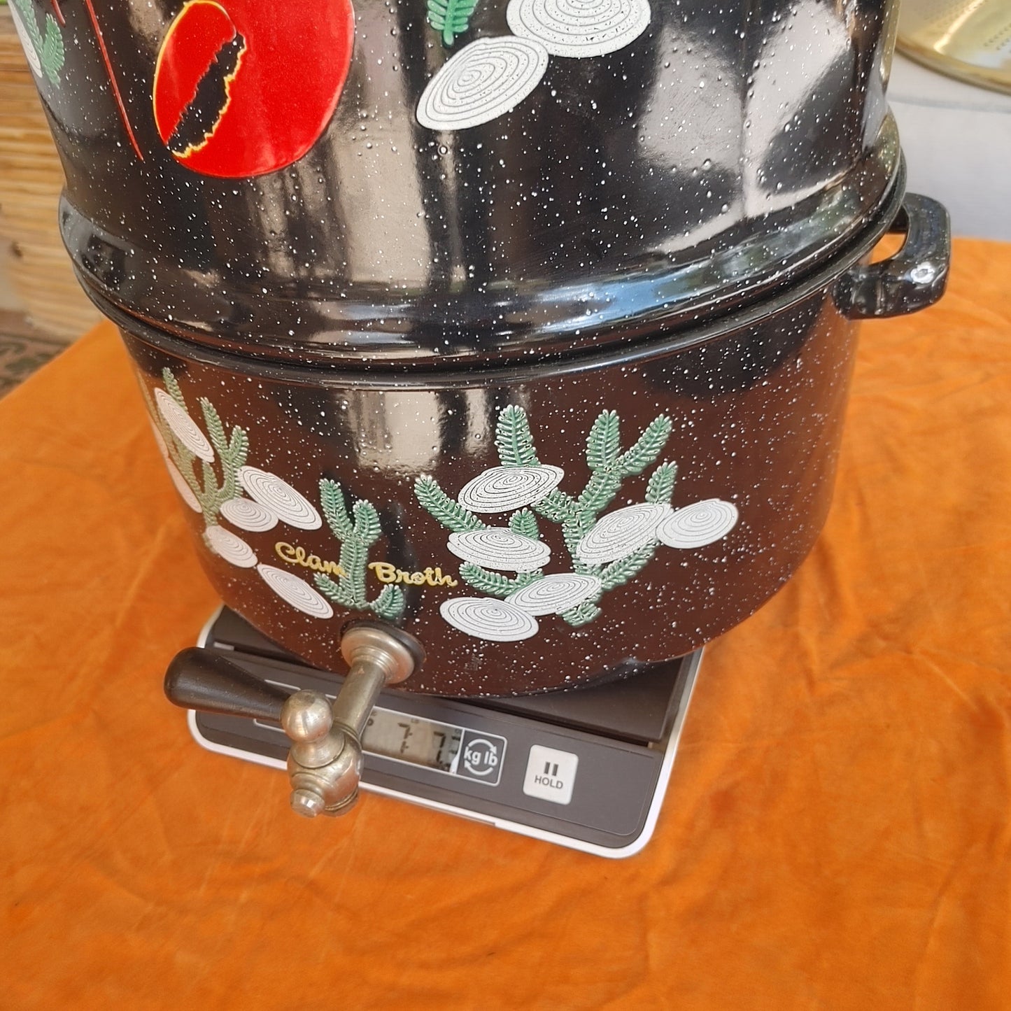 Stupendous Steamer! Enameled Double Boiler Vintage Graphics Lobster Free Ship!