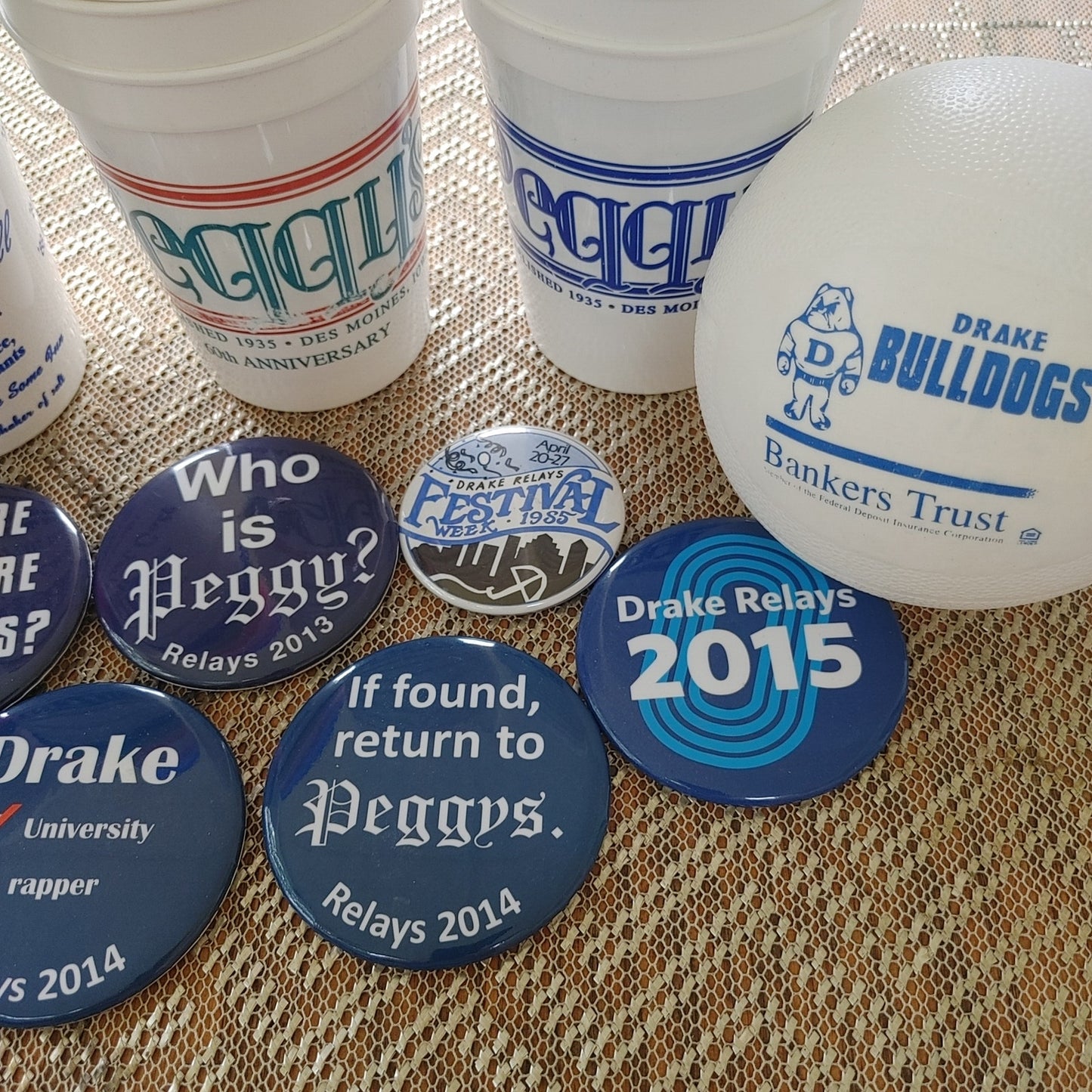 Drake Relays Peggy's Cups Vintage 32 Years 39 Cups Buttons Balls Bulldogs