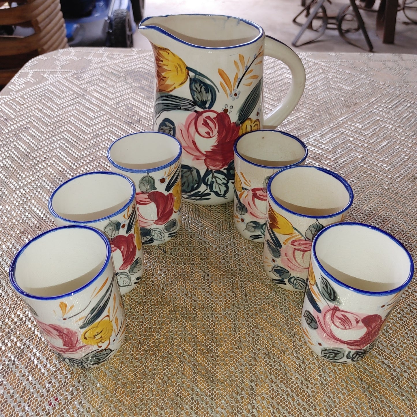 Vintage Handpainted Nasco Ceramic Pitcher & Tumblers Vibrant Floral Japan