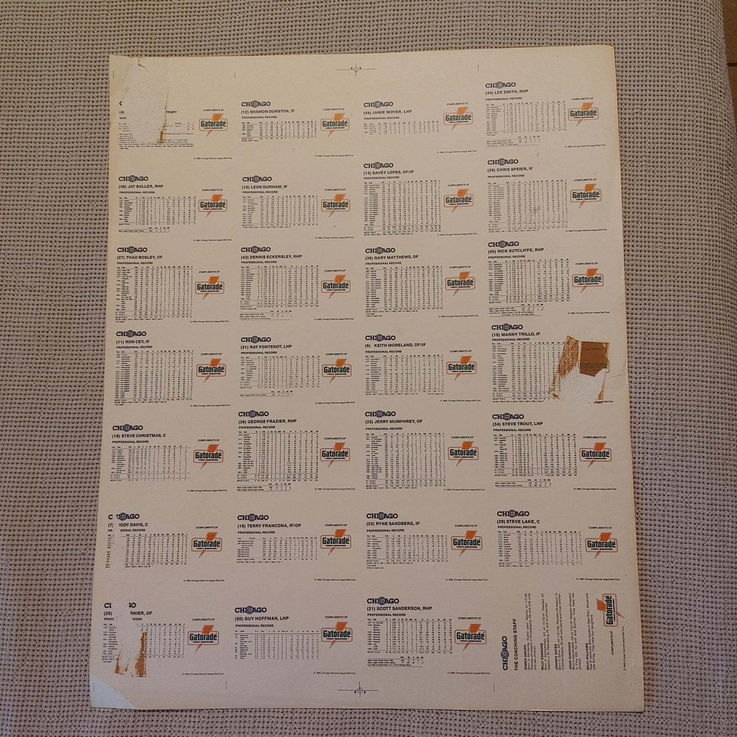 Chicago Cubs Trading Cards Uncut MLB Proof Sheet Gatorade 1986