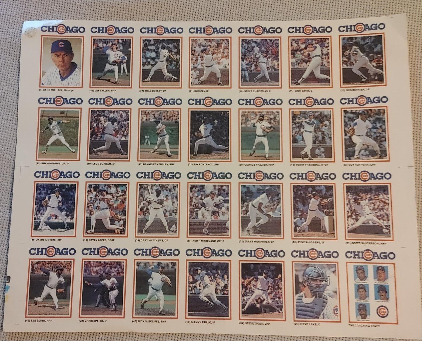 Chicago Cubs Trading Cards Uncut MLB Proof Sheet Gatorade 1986