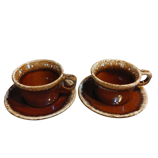 Tea For Two! Hull Oven Proof Brown Drip Coffee Cups Saucers Mid Century Free Ship!