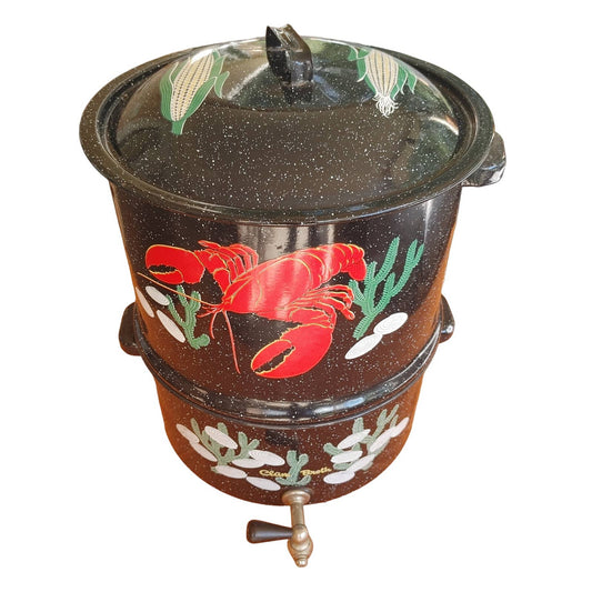 Stupendous Steamer! Enameled Double Boiler Vintage Graphics Lobster Free Ship!