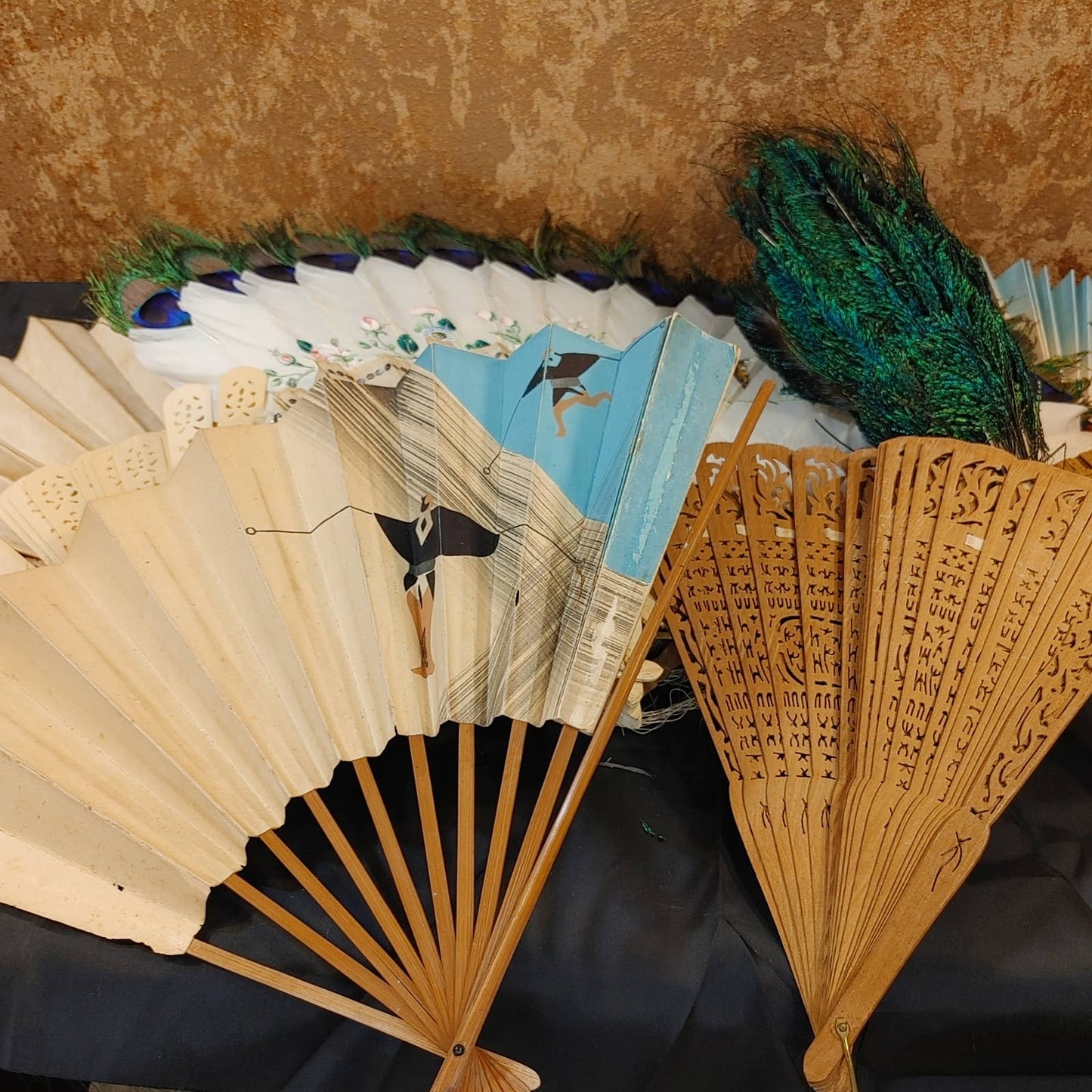 Fancy Fans! Antique Fan Lot (7) Peacock Hand Painted Free Shipping!