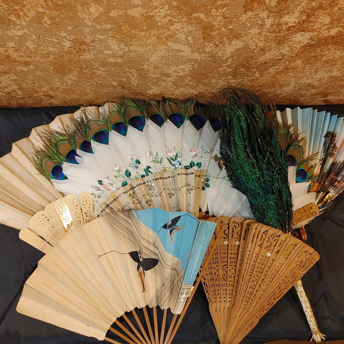 Fancy Fans! Antique Fan Lot (7) Peacock Hand Painted Free Shipping!