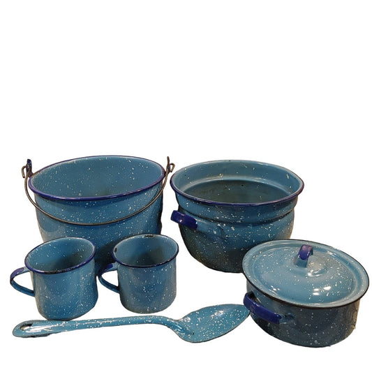 Camp Cookin'! 7 Piece Vintage Speckled Enamel Blue Cookware Pots Free Shipping!