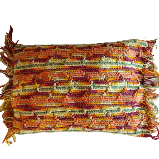 Premium Pillow! Vintage Retro Cool Crochet Afghan Pillow Orange Brown Free Ship!