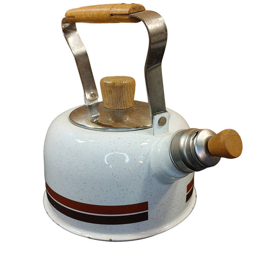 Killer Kettle! Vintage Retro Camp Enameled Tea Wood Handle 1970's Free Shipping!