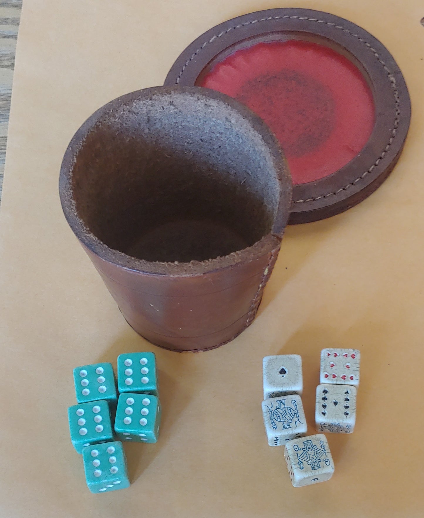 Come on...Vintage leather dice cup with vintage poker dice!