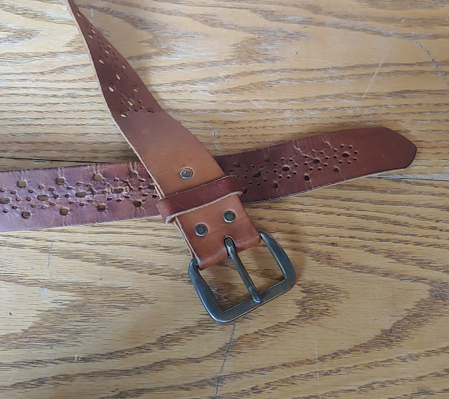 Perforated! Vintage Used Leather Hippy Belt Pewter Buckle Holes 70's