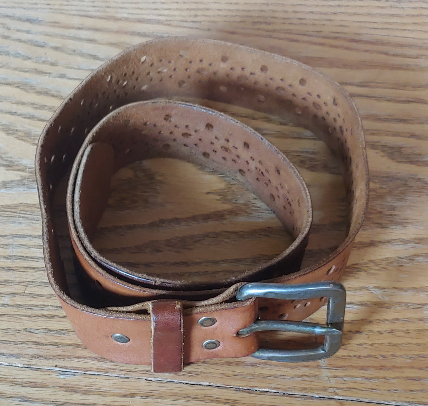 Perforated! Vintage Used Leather Hippy Belt Pewter Buckle Holes 70's