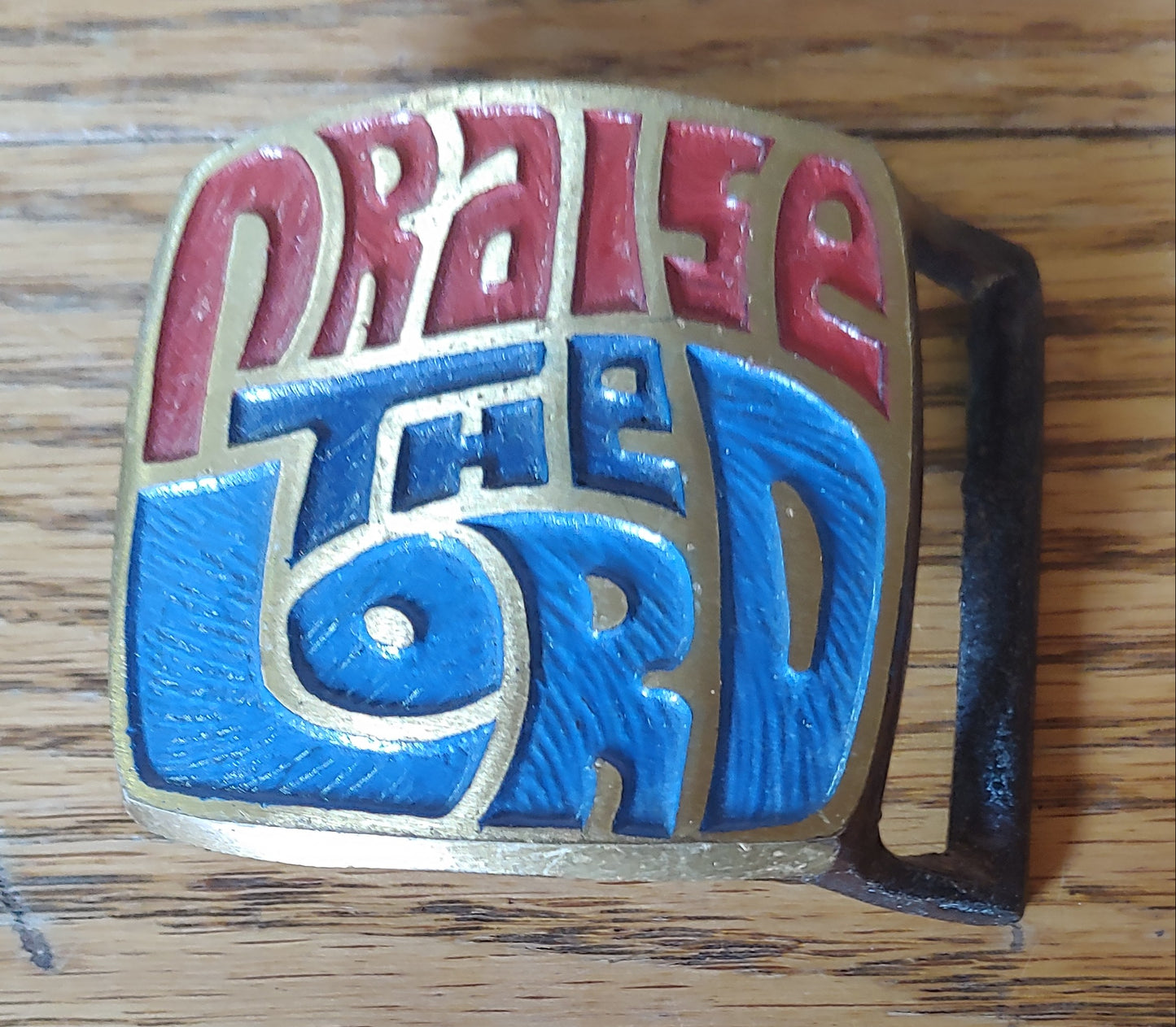 Praise The Lord! Hippy Jesus Vintage Used Belt Buckle Brass Painted Script