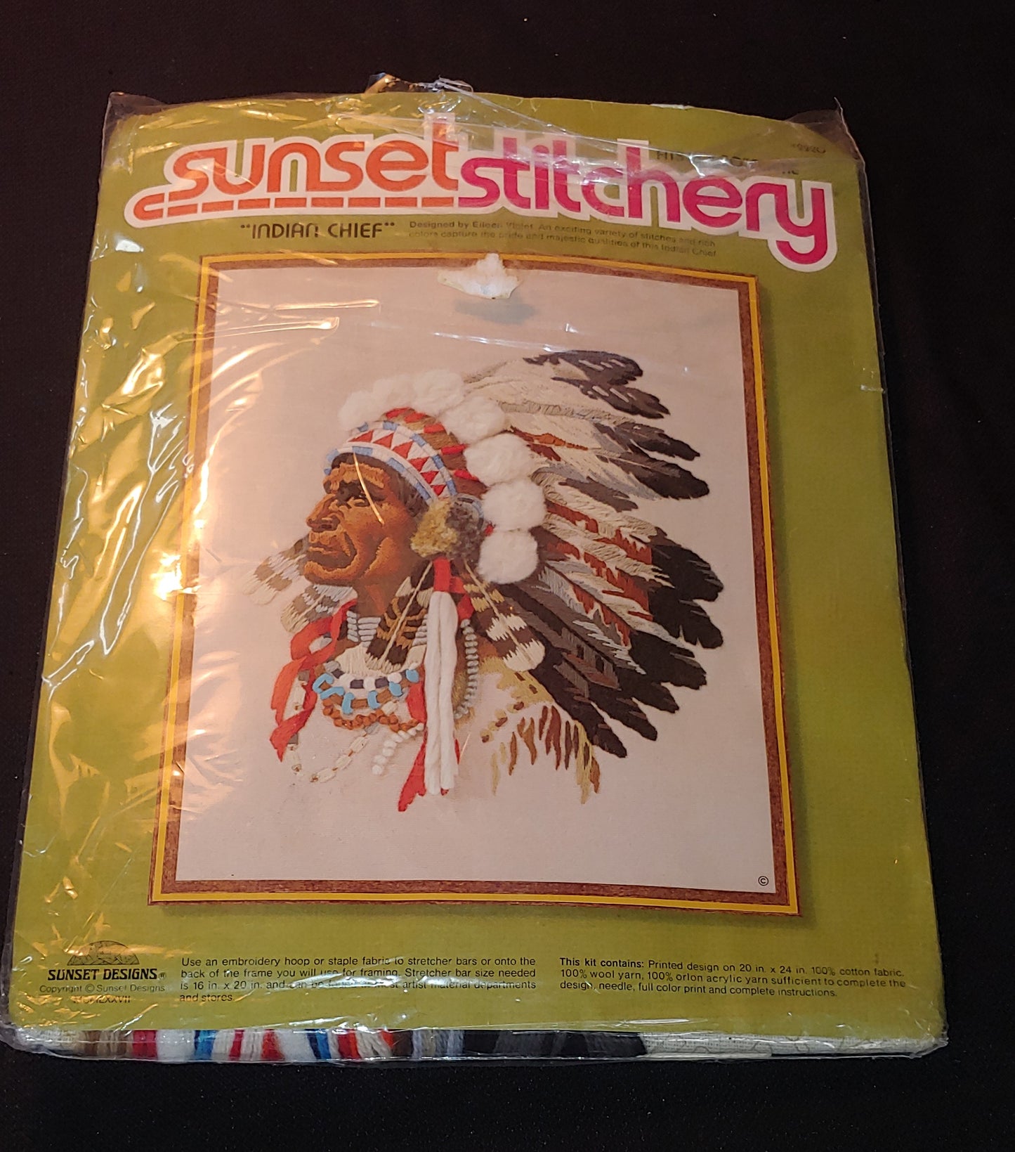 Crafty Chief! Vintage Sunset stitchery craft kit # 2220 Indian Chief 1977