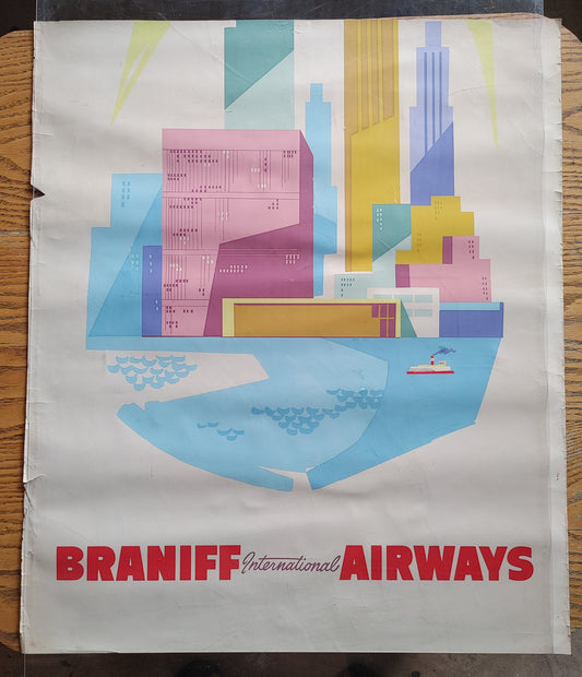 Windy City Style! Vintage 1950's Mid-Century Braniff Airlines Poster Chicago? Partial Cut