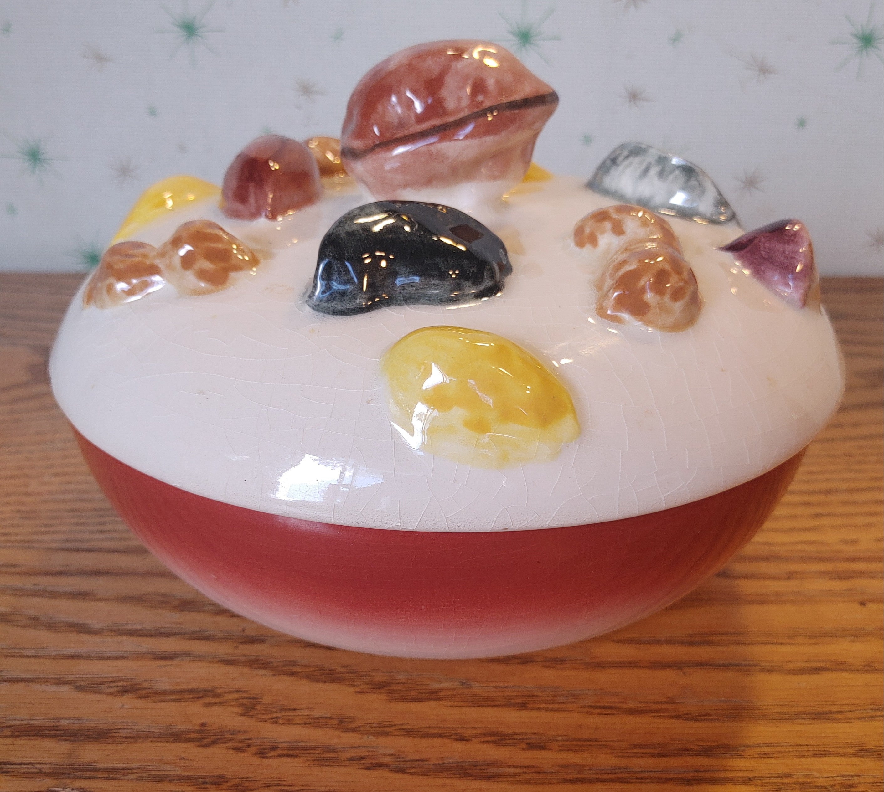 Awww Nuts! Vintage Mid-Century Lidded Nut Bowl Colorful Ceramic