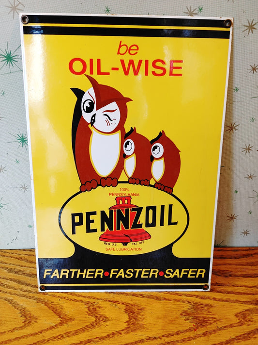 Give A Hoot! Vintage Pennzoil Sign Oil-Wise Owls Porcelain Advertising