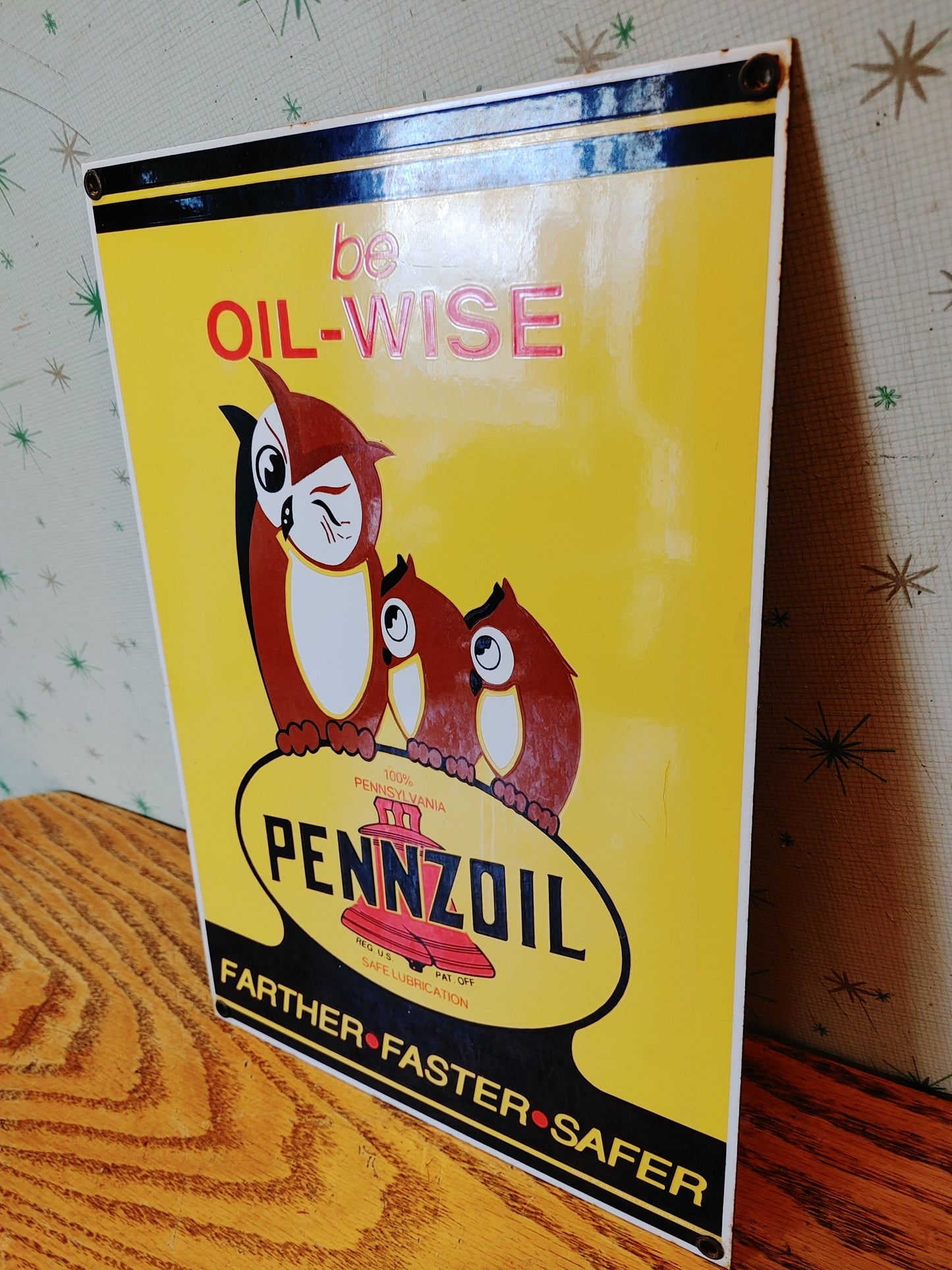 Give A Hoot! Vintage Pennzoil Sign Oil-Wise Owls Porcelain Advertising