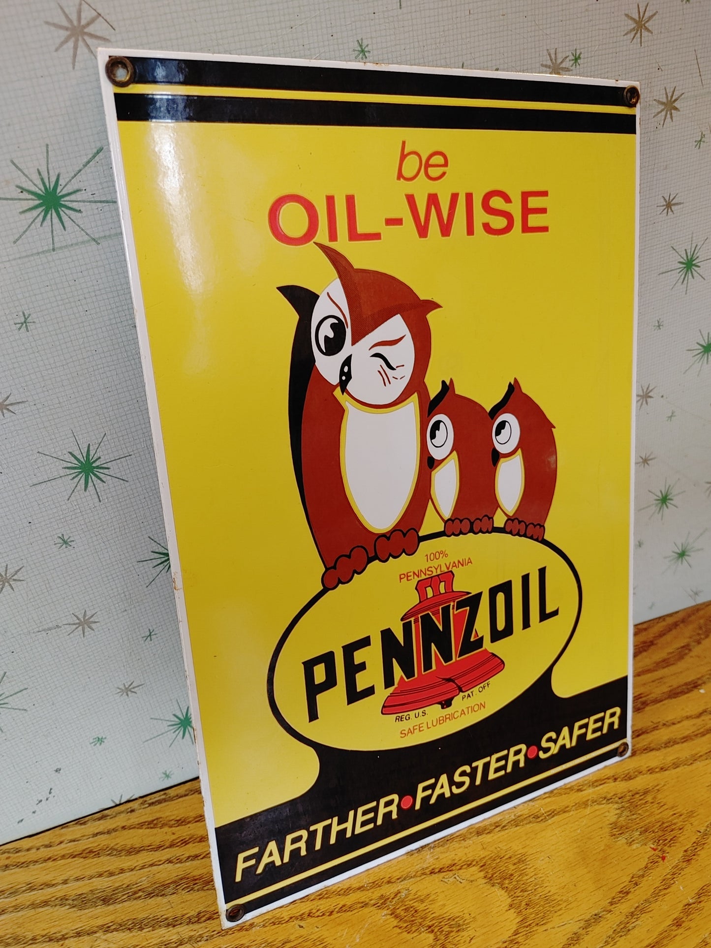 Give A Hoot! Vintage Pennzoil Sign Oil-Wise Owls Porcelain Advertising