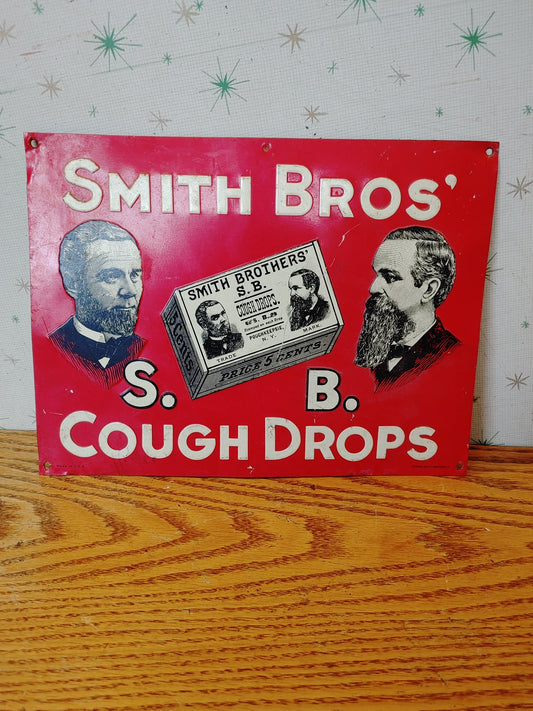Ahem! Vintage Smith Bros. Cough Drops Sign Tin Red USA