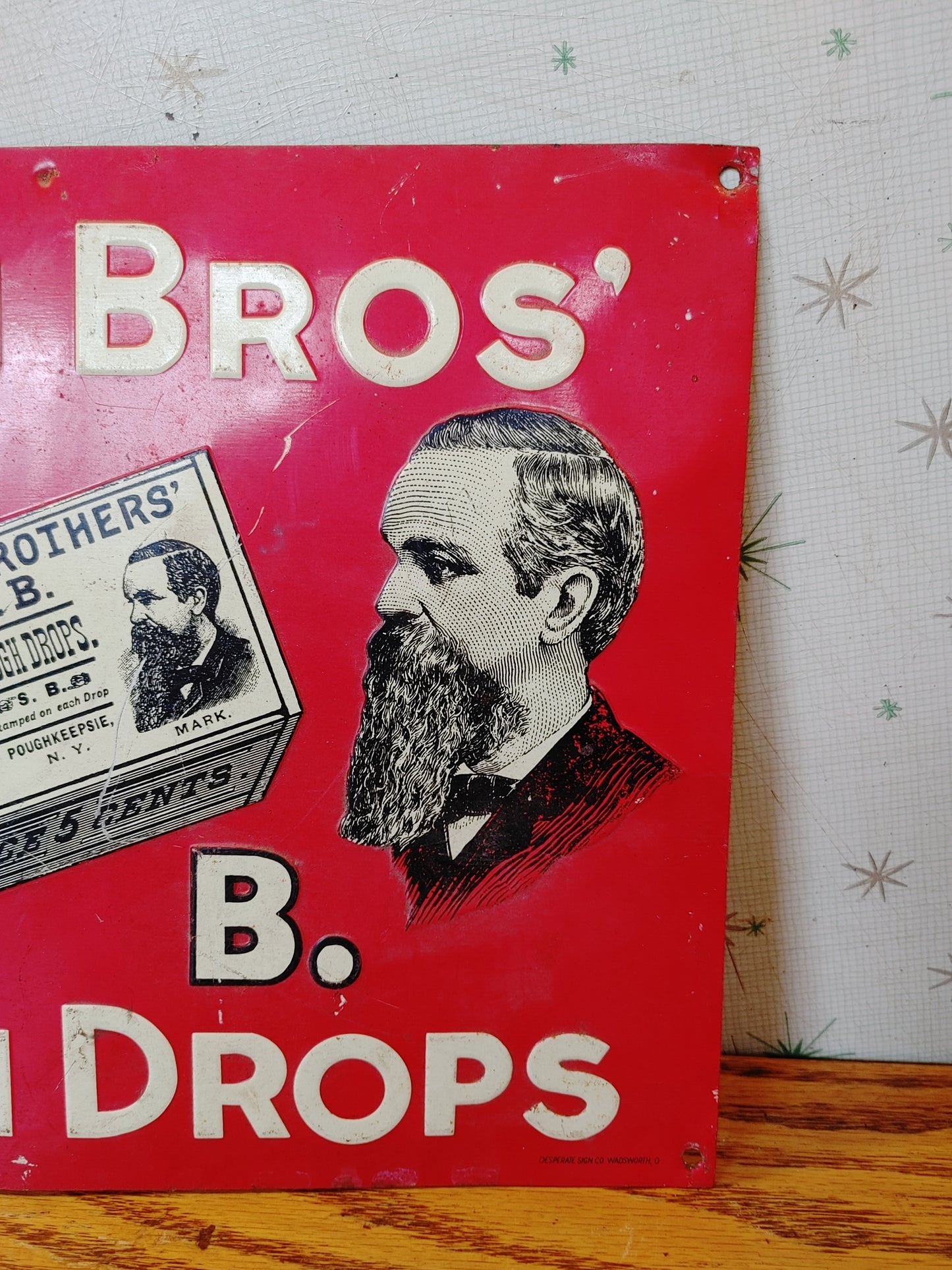 Ahem! Vintage Smith Bros. Cough Drops Sign Tin Red USA