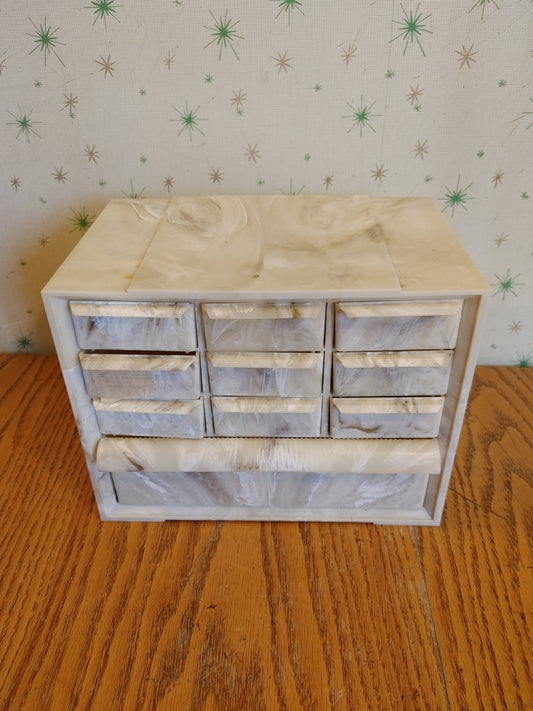 Vintage Storage! Nice Small Cabinet Box Drawers Office Crafts Jewelry Plastic Swirl