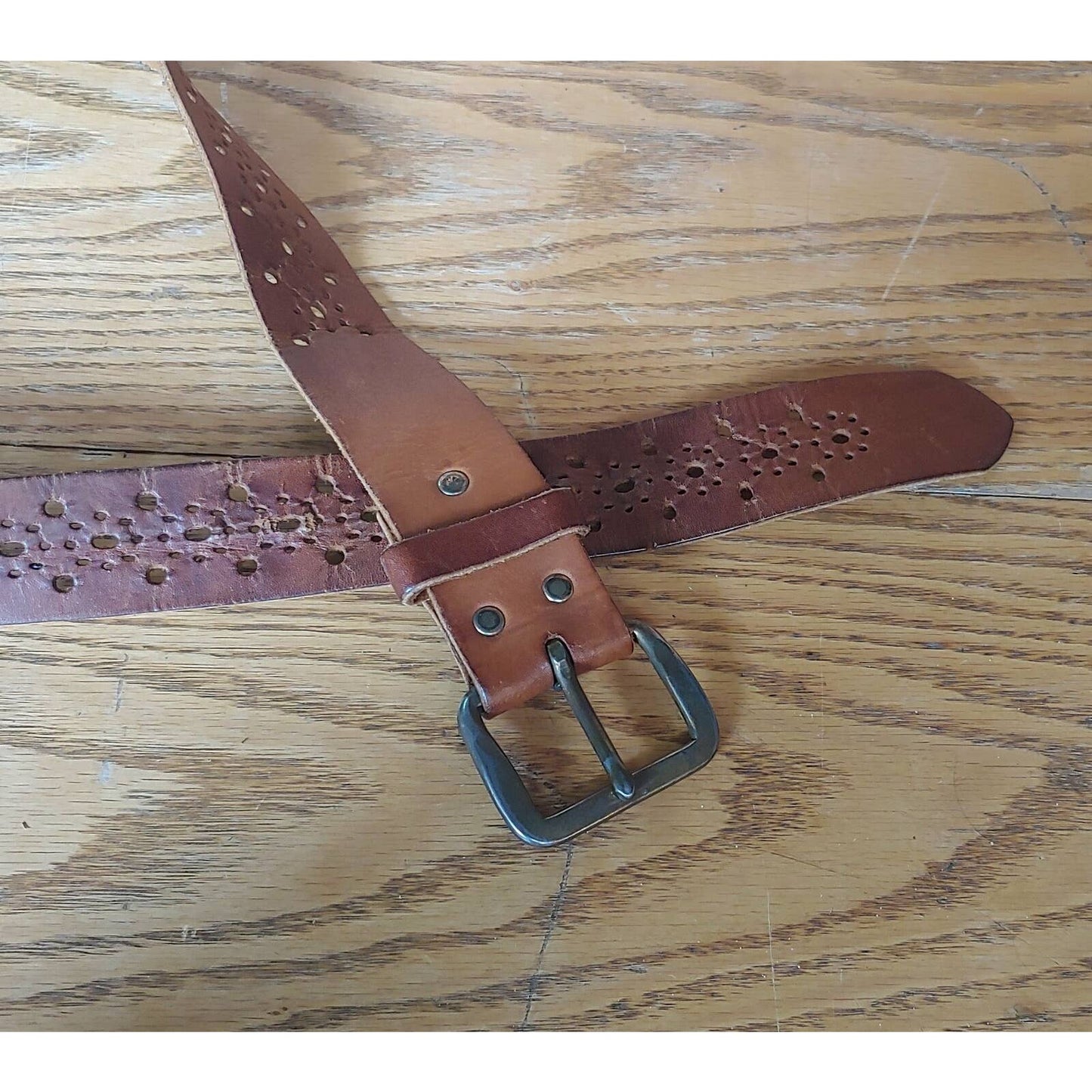 Perforated! Vintage Used Leather Hippy Belt Pewter Buckle Holes 70's