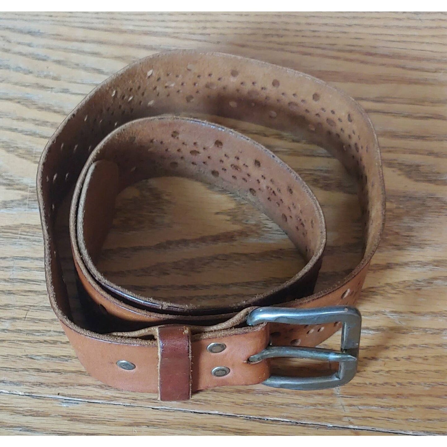 Perforated! Vintage Used Leather Hippy Belt Pewter Buckle Holes 70's