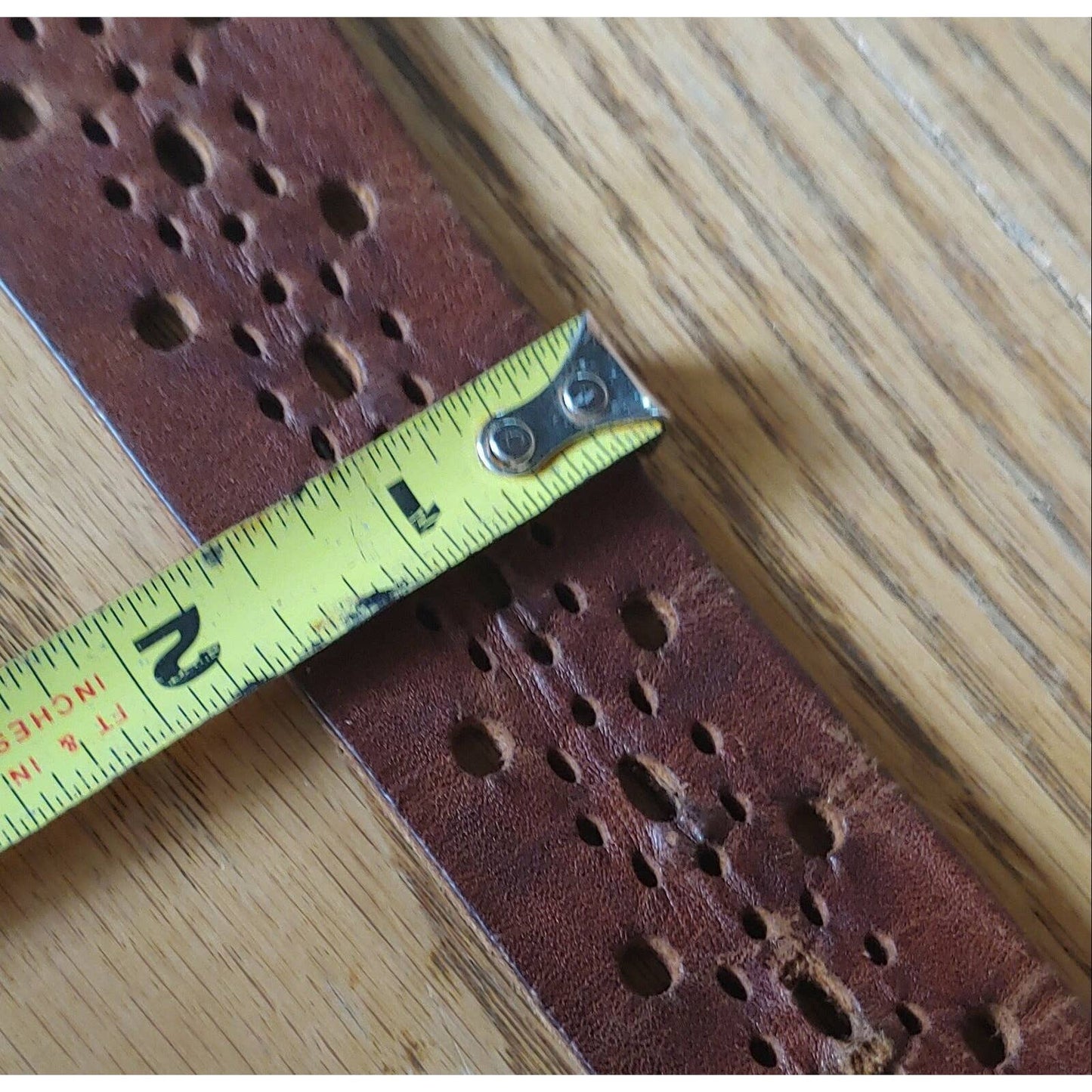 Perforated! Vintage Used Leather Hippy Belt Pewter Buckle Holes 70's